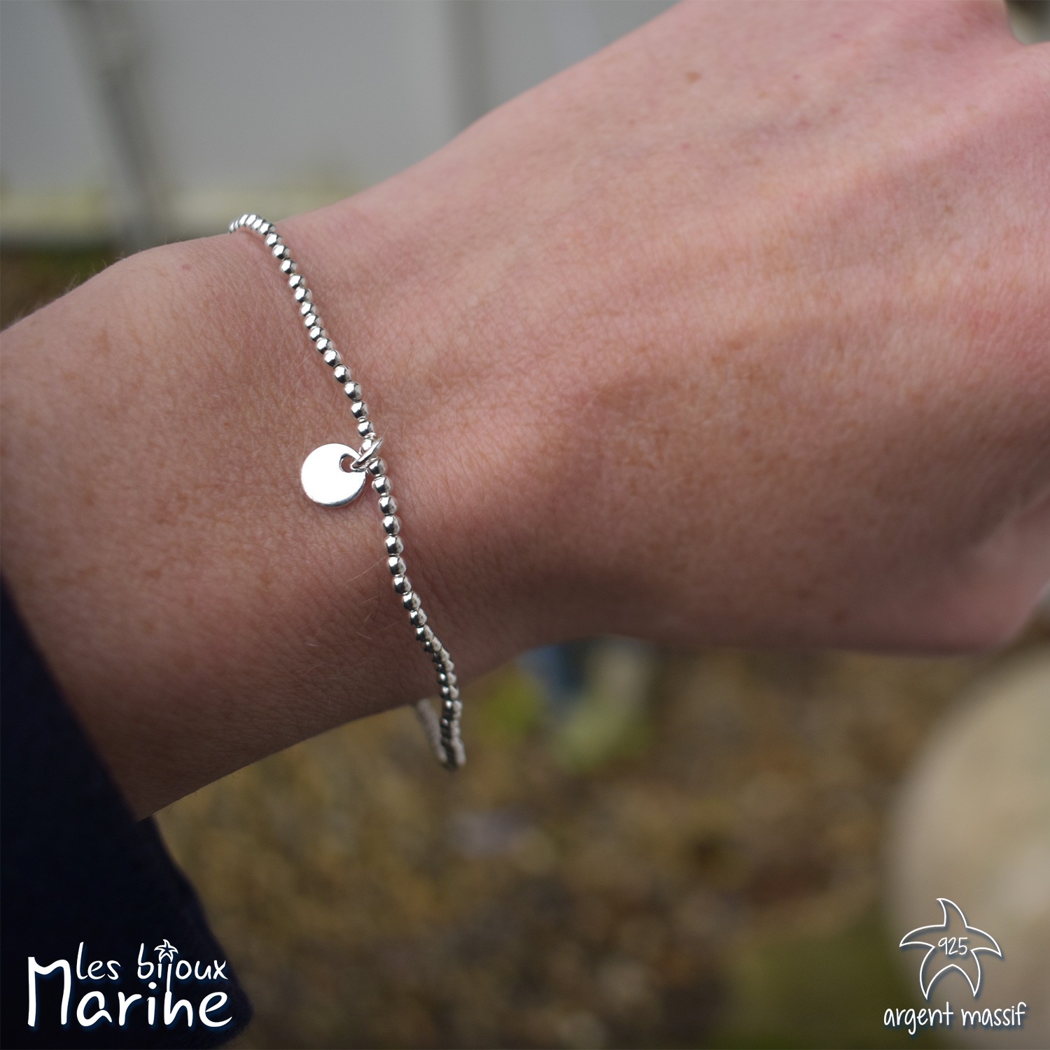 Bracelet élastique boule et plaque en argent massif 925 Bracelet élastique boule et plaque en argent massif 925