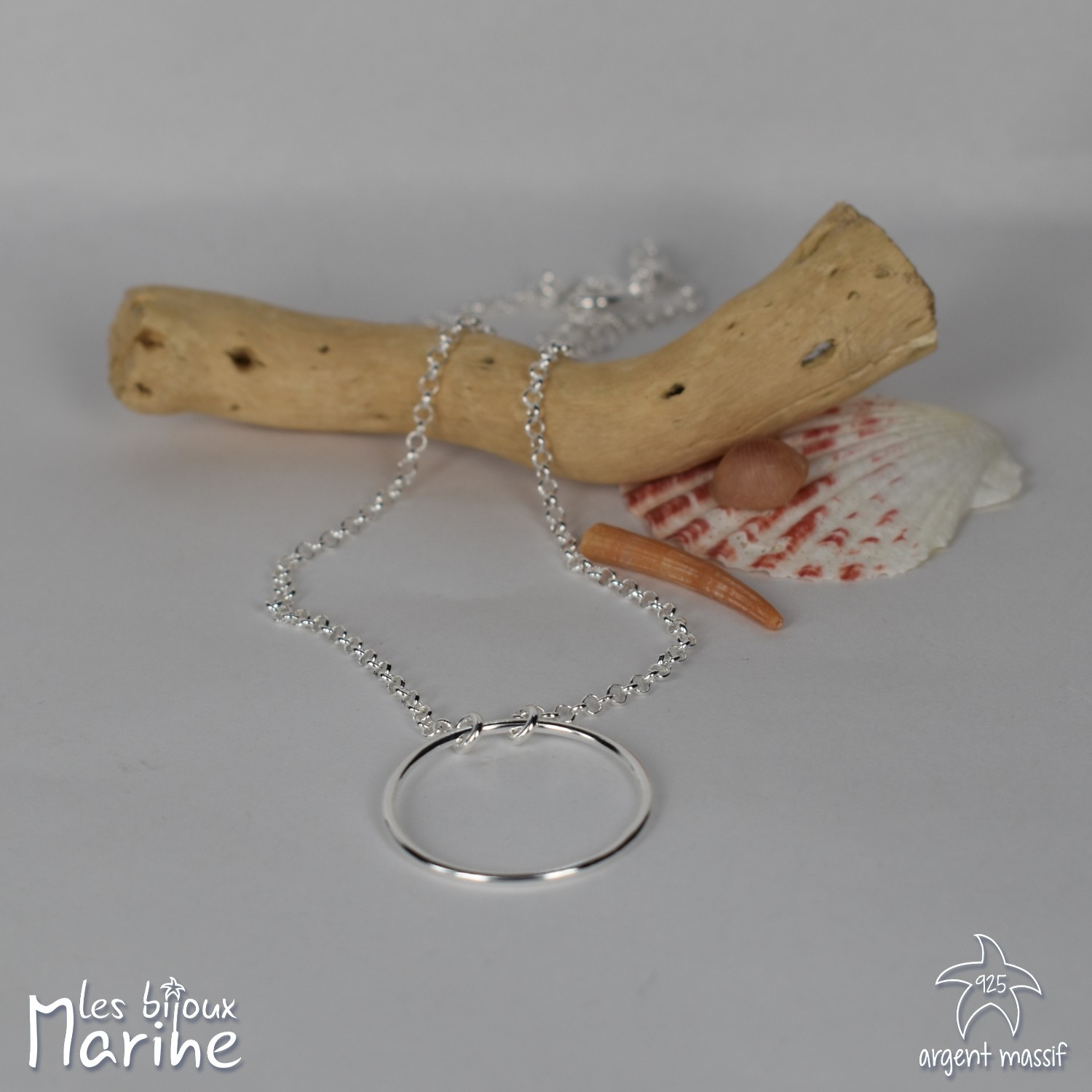 Collier Argent Massif Avec Perle Et Pendentif Cercle - Poids 7g - Modèle N°402 - Occasion