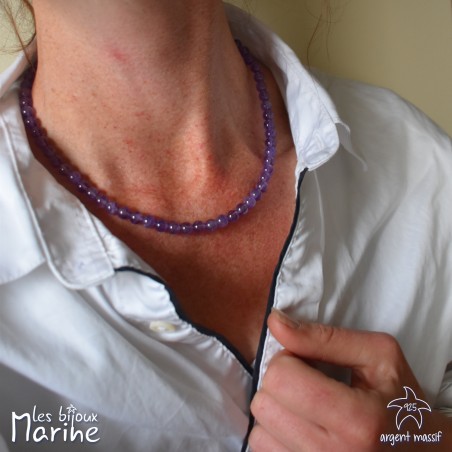 Collier Améthyste Naturelle - Fermoir Marine - Pierre Mauve Translucide - Métal Blanc - Occasion